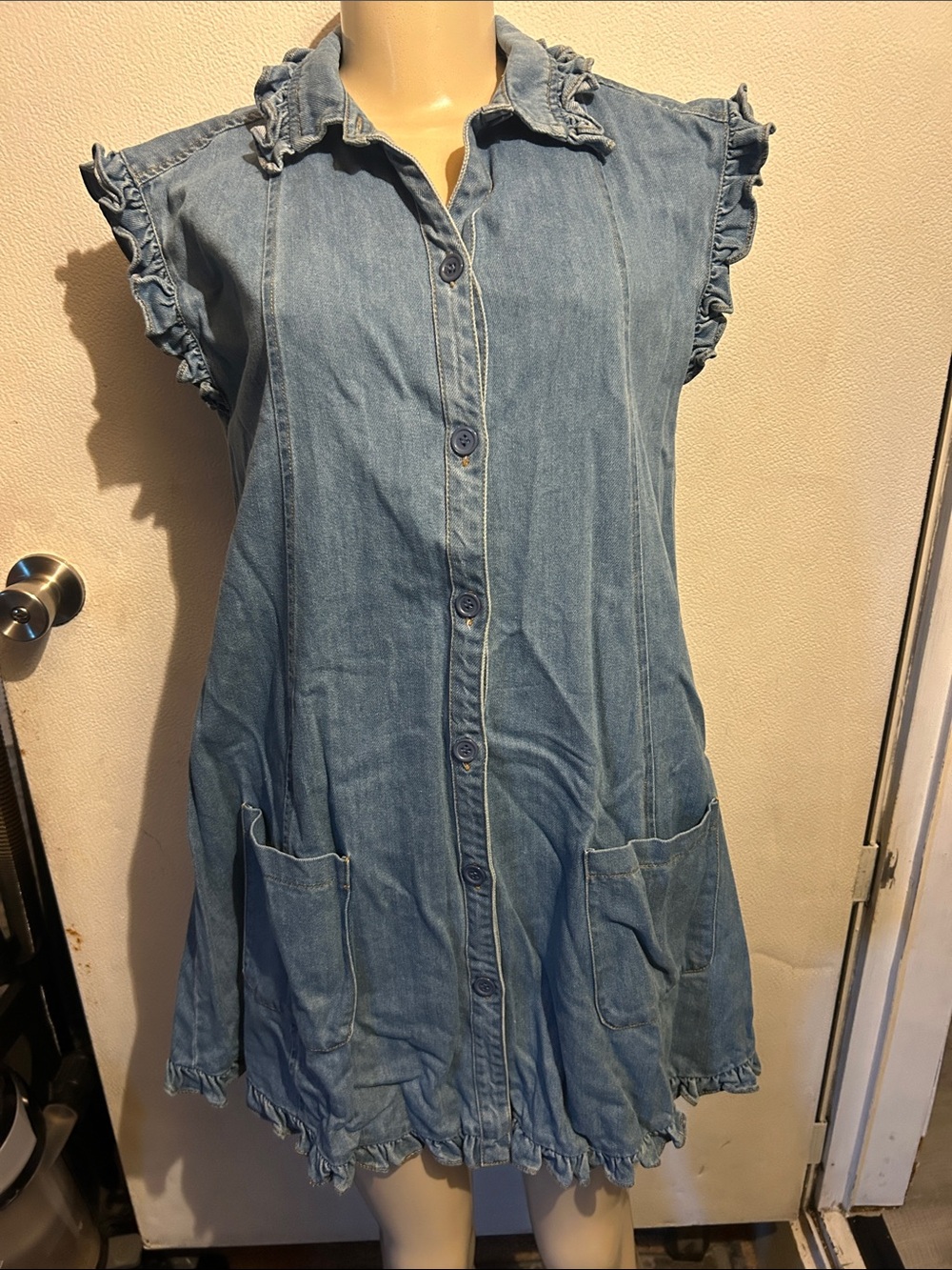 Olivaceous Light Blue Denim Ruffle-Sleeve Button Front Dress